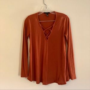 Forever 21 Burnt Orange Ribbed Lace Up V-Neck Long Sleeve Top